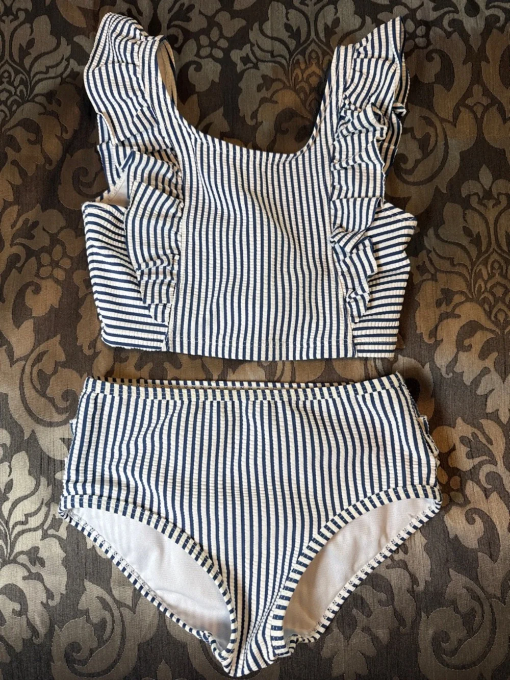 Ruffle Butts Seersucker Navy White Stripe 2 Piece Swimsuit Girls 7